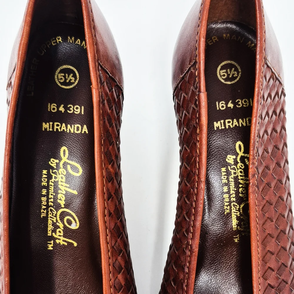 LeatherCraft of Brazil Miranda Woven Leather Pumps Brown Vintage Size 5.5